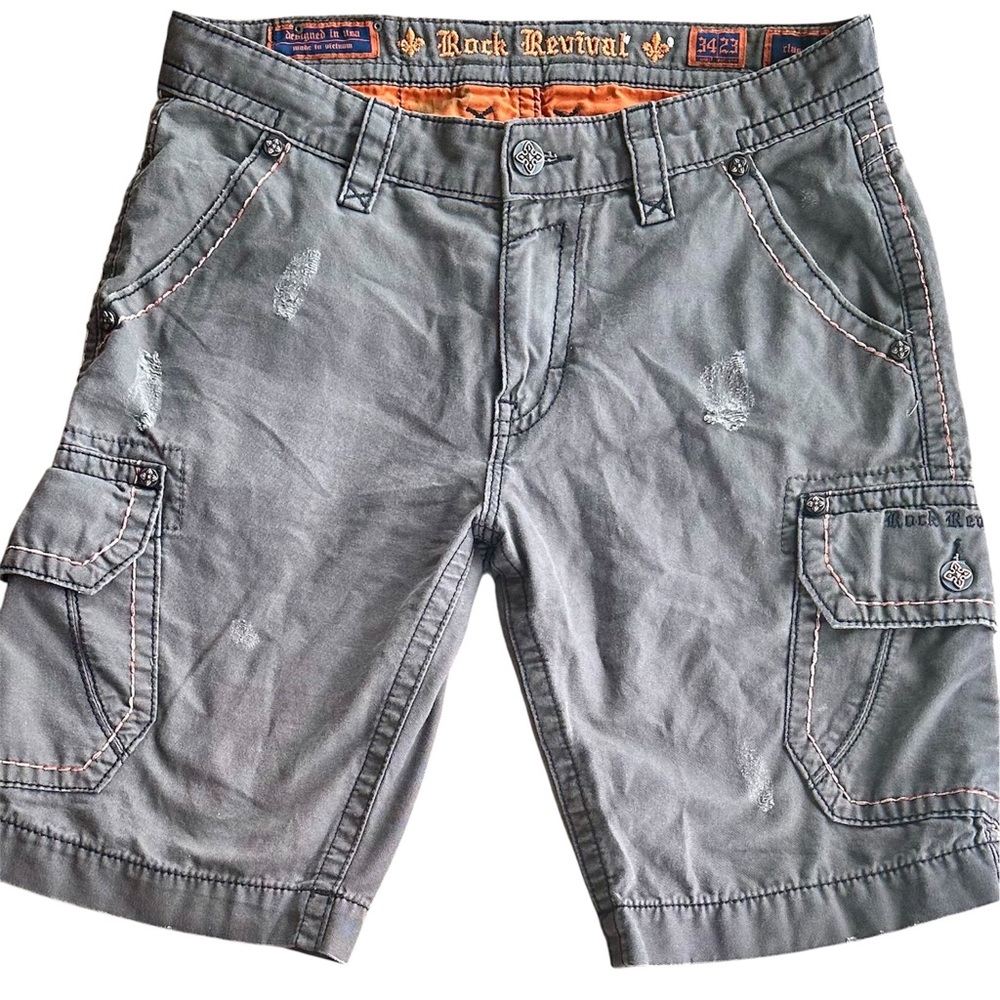 Rock Revival Classic Mens Cargo Short Charcoal with Orange Stitching 34 W 23